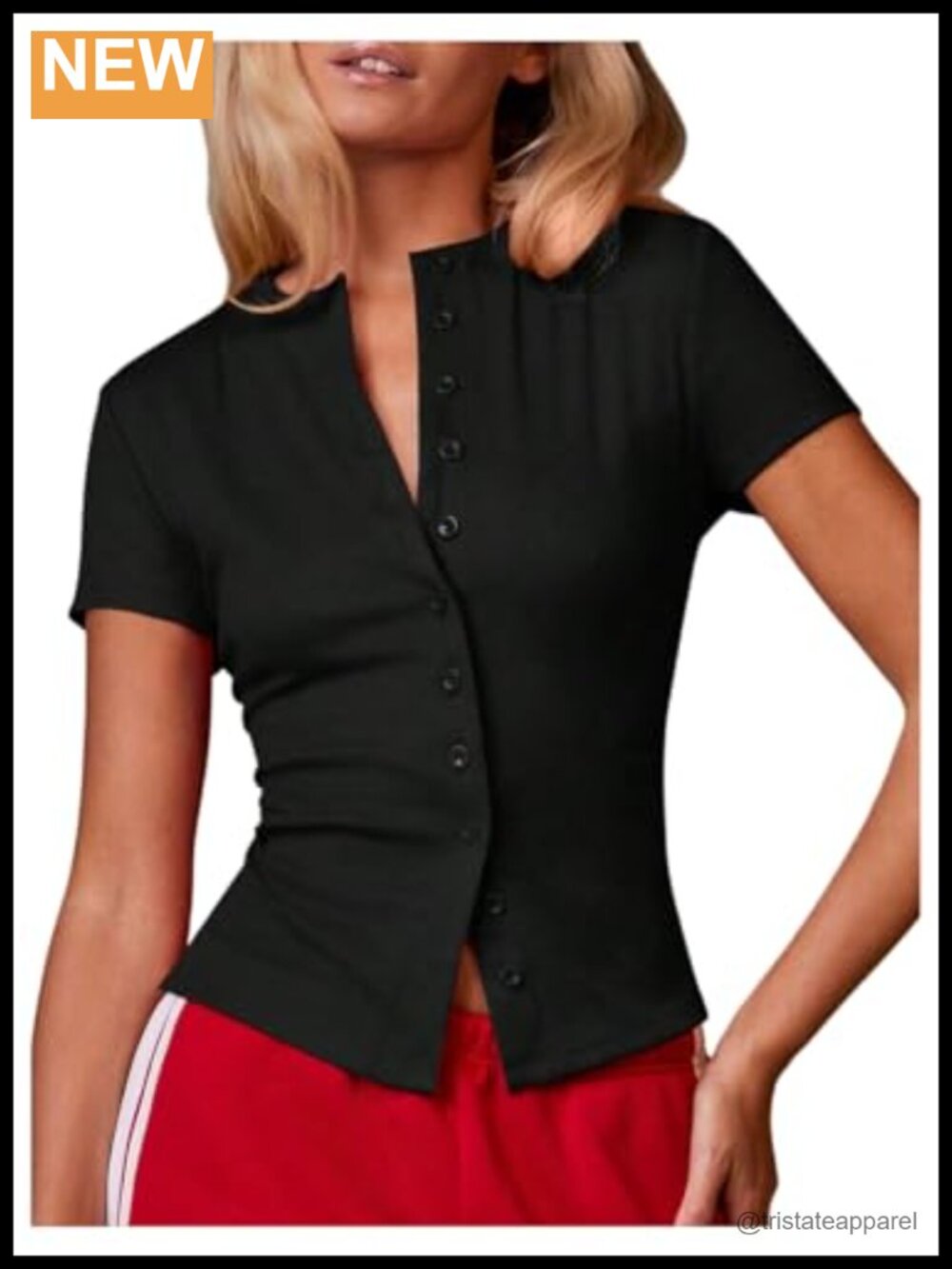 Knit Button Down Short Sleeve Blouse Crew Neck Slim Fit Summer